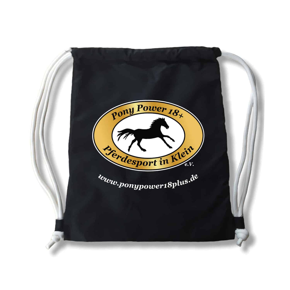 PonyPower18plus Turnbeutel Rucksack Schwarz bedruckt