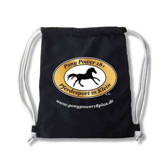 PonyPower18plus Turnbeutel Rucksack Schwarz bedruckt