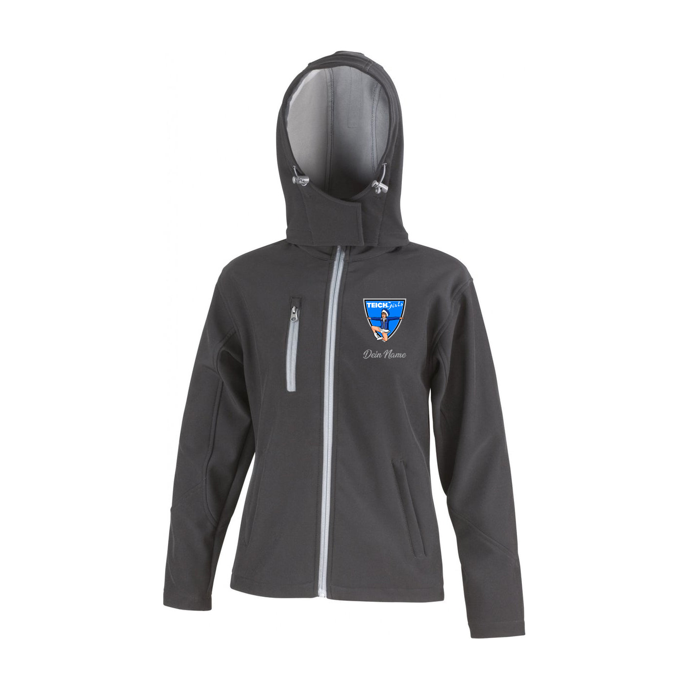 Teichgirls Damen Softshelljacke Schwarz / Grau mit Glitzerdruck Silber